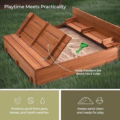 Wooden Kids Sandbox with Lid, Cover, Foldable Bench Seats, Bottom Liner Large Outdoor Sand Box