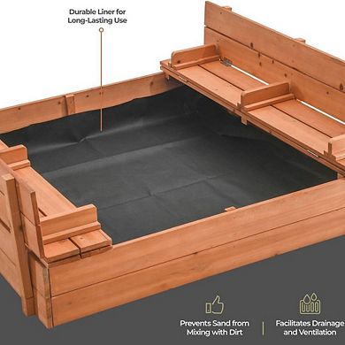 Wooden Kids Sandbox with Lid, Cover, Foldable Bench Seats, Bottom Liner Large Outdoor Sand Box
