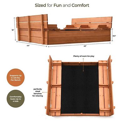 Wooden Kids Sandbox with Lid, Cover, Foldable Bench Seats, Bottom Liner Large Outdoor Sand Box