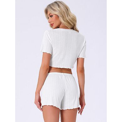Women's Two Piece Y2K Pjs Short Sleeves Knit Button Down Crop Tops with Shorts Loungewear Pajama Set