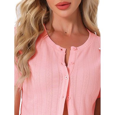 Women's Two Piece Y2K Pjs Short Sleeves Knit Button Down Crop Tops with Shorts Loungewear Pajama Set