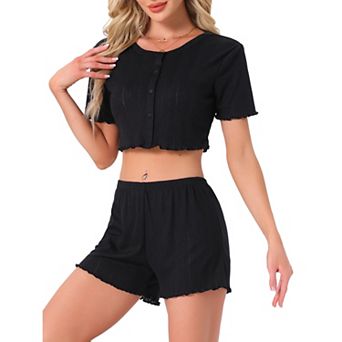 Women's Two Piece Y2K Pjs Short Sleeves Knit Button Down Crop Tops with Shorts Loungewear Pajama Set