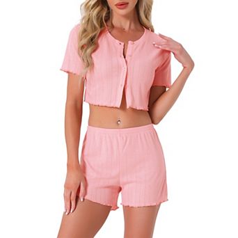Women's Two Piece Y2K Pjs Short Sleeves Knit Button Down Crop Tops with Shorts Loungewear Pajama Set