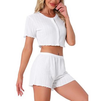 Women's Two Piece Y2K Pjs Short Sleeves Knit Button Down Crop Tops with Shorts Loungewear Pajama Set