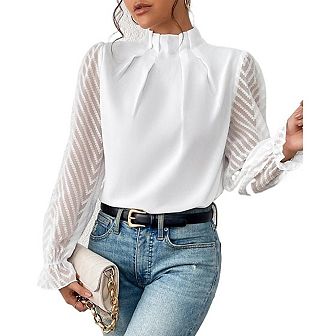 Womens Long Puff-Sleeve Blouse Half Turtleneck Pure Color Casual Daily Wear Blouse for Women