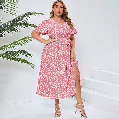 Women Plus Size Maxi Dress V Neck Summer Dress Short Sleeve Dress High Waist Casual Dress with Belt