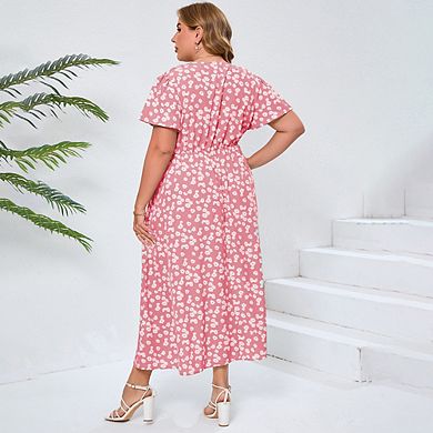 Women Plus Size Maxi Dress V Neck Summer Dress Short Sleeve Dress High Waist Casual Dress with Belt