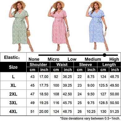 Women Plus Size Maxi Dress V Neck Summer Dress Short Sleeve Dress High Waist Casual Dress with Belt