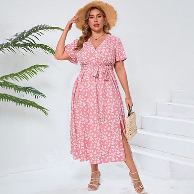 Women Plus Size Maxi Dress V Neck Summer Dress Short Sleeve Dress High Waist Casual Dress with Belt