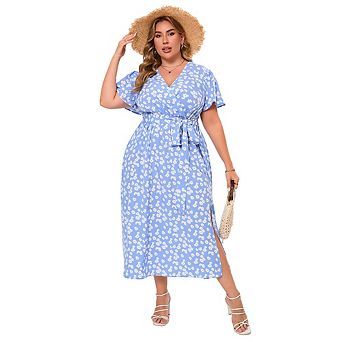 Women Plus Size Maxi Dress V Neck Summer Dress Short Sleeve Dress High Waist Casual Dress with Belt