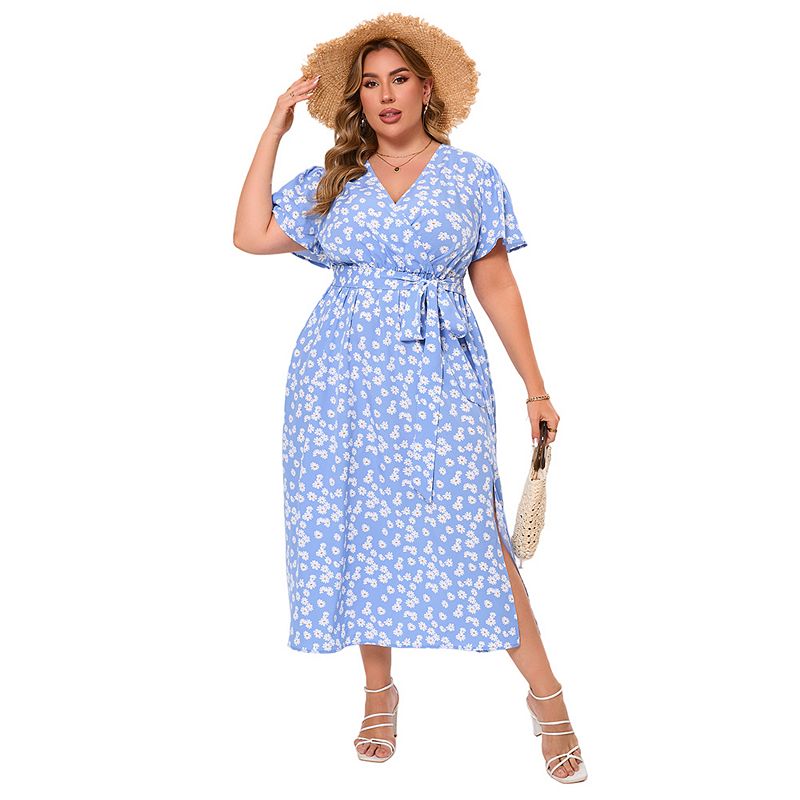 Women Plus Size Maxi Dress V Neck Summer Dress Short Sleeve Dress High Waist Casual Dress with Belt