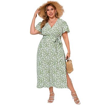 Women Plus Size Maxi Dress V Neck Summer Dress Short Sleeve Dress High Waist Casual Dress with Belt