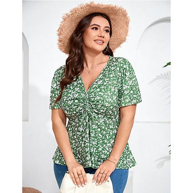 Plus Size Tops for Women Drawstring Pleated Short Sleeve Tunic Tops Low Cut Blouse V Neck Shirts
