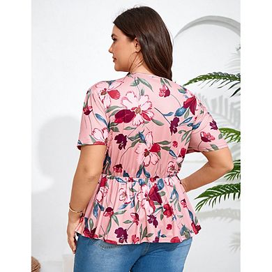 Plus Size Tops for Women Drawstring Pleated Short Sleeve Tunic Tops Low Cut Blouse V Neck Shirts