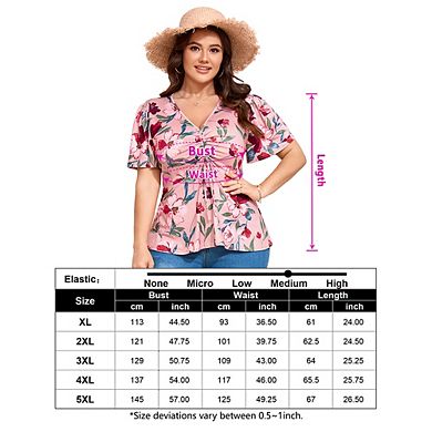 Plus Size Tops for Women Drawstring Pleated Short Sleeve Tunic Tops Low Cut Blouse V Neck Shirts