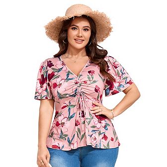 Plus Size Tops for Women Drawstring Pleated Short Sleeve Tunic Tops Low Cut Blouse V Neck Shirts