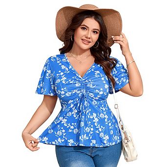 Plus Size Tops for Women Drawstring Pleated Short Sleeve Tunic Tops Low Cut Blouse V Neck Shirts