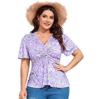 Plus Size Tops for Women Drawstring Pleated Short Sleeve Tunic Tops Low Cut Blouse V Neck Shirts