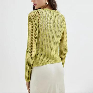 Womens Long Sleeve Crochet Cardigan Front Tie V Neck Knit Beach Cover Ups Tops Open Front Cardigan