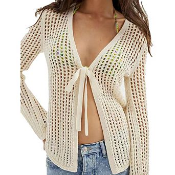 Womens Long Sleeve Crochet Cardigan Front Tie V Neck Knit Beach Cover Ups Tops Open Front Cardigan