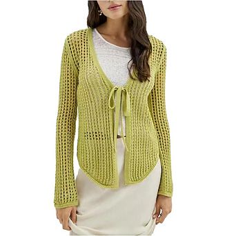 Womens Long Sleeve Crochet Cardigan Front Tie V Neck Knit Beach Cover Ups Tops Open Front Cardigan