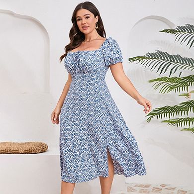 Womens Plus Size Square Neck Floral Summer Ruffle Short Sleeve Tie Front Slit Hem Boho Maxi Dress