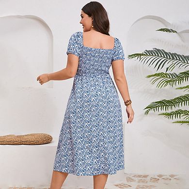 Womens Plus Size Square Neck Floral Summer Ruffle Short Sleeve Tie Front Slit Hem Boho Maxi Dress