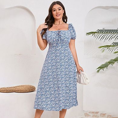 Womens Plus Size Square Neck Floral Summer Ruffle Short Sleeve Tie Front Slit Hem Boho Maxi Dress