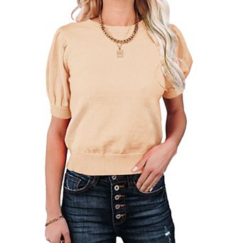 Women's Short Sleeve Sweaters Tops Crew Neck Basic Knit Pullover Lightweight Solid Casual Blouse
