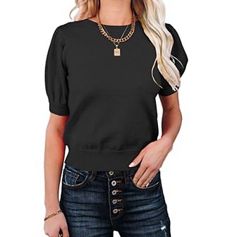 Women's Short Sleeve Sweaters Tops Crew Neck Basic Knit Pullover Lightweight Solid Casual Blouse