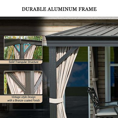 Mondawe 12x14 ft Aluminum Frame Wall-Mounted Hardtop Gazebo with Curtains and Netting