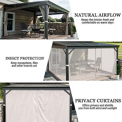 Mondawe 12x14 ft Aluminum Frame Wall-Mounted Hardtop Gazebo with Curtains and Netting