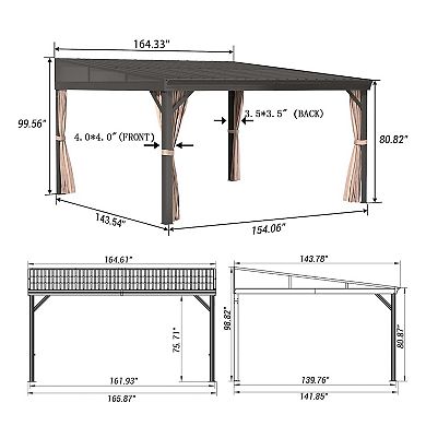 Mondawe 12x14 ft Aluminum Frame Wall-Mounted Hardtop Gazebo with Curtains and Netting