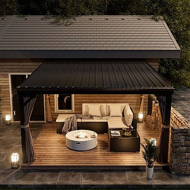 Mondawe 12x14 ft Aluminum Frame Wall-Mounted Hardtop Gazebo with Curtains and Netting