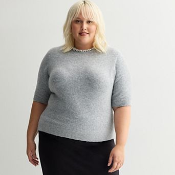 Plus Size Nine West Jewel Neck Short Sleeve Sweater
