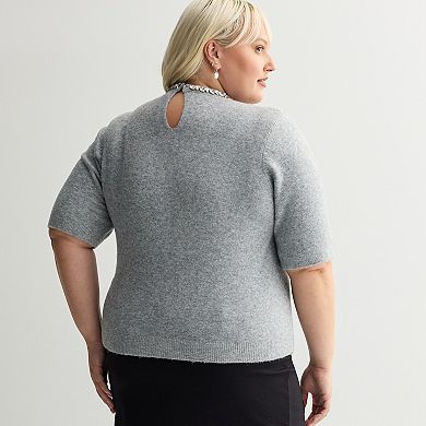 Plus Size Nine West Jewel Neck Short Sleeve Sweater