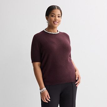 Plus Size Nine West Jewel Neck Short Sleeve Sweater