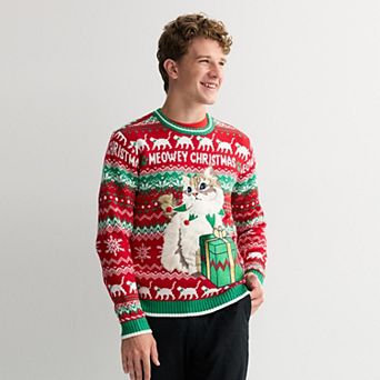 Men's Long Sleeve Cute Cat Present Crewneck Sweater