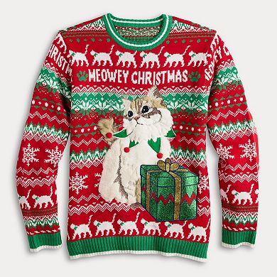 Men's Long Sleeve Cute Cat Present Crewneck Sweater