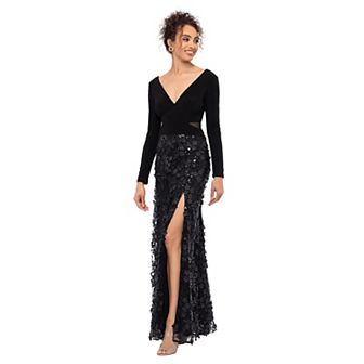 Women's X Evenings Long Sleeve V-Neck Dress with Raised Flower Design