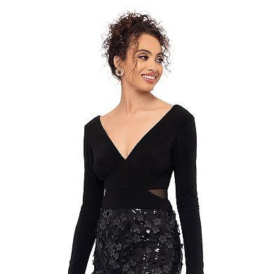 Women's X Evenings Long Sleeve V-Neck Dress with Raised Flower Design