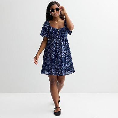 Juniors' Rewind Button Front Flutter Sleeve Skater Dress