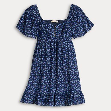 Juniors' Rewind Button Front Flutter Sleeve Skater Dress