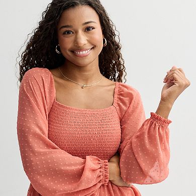 Juniors' Rewind Long Sleeve Smocked Clip Dot Skater Dress