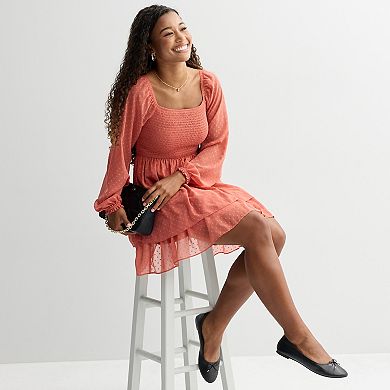 Juniors' Rewind Long Sleeve Smocked Clip Dot Skater Dress