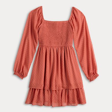 Juniors' Rewind Long Sleeve Smocked Clip Dot Skater Dress