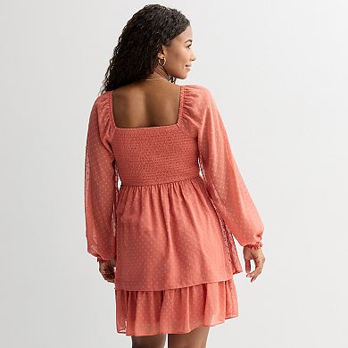 Juniors' Rewind Long Sleeve Smocked Clip Dot Skater Dress