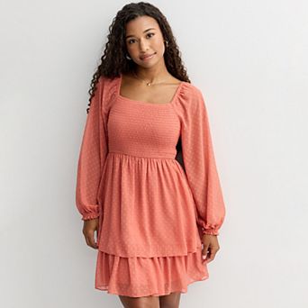 Juniors' Rewind Long Sleeve Smocked Clip Dot Skater Dress