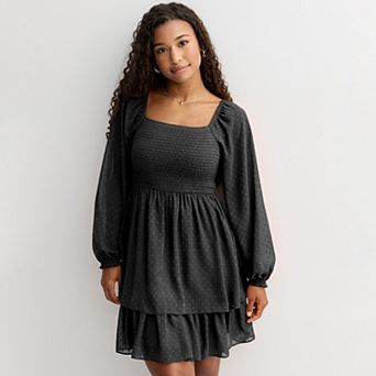 Juniors' Rewind Long Sleeve Smocked Clip Dot Skater Dress