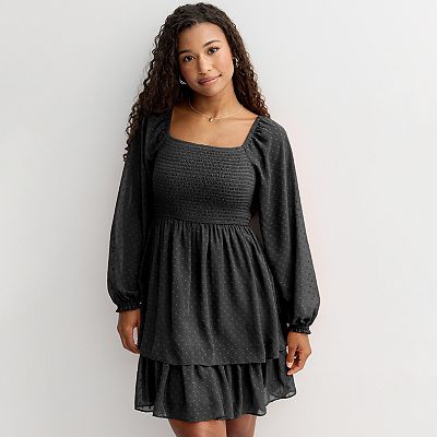 Juniors' Rewind Long Sleeve Smocked Clip Dot Skater Dress